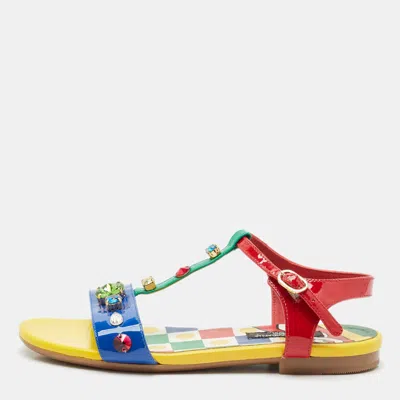 Pre-owned Dolce & Gabbana Multicolor Patent Leather Crystals Embellished T-strap Sandals Size 34