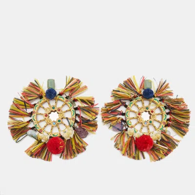 Pre-owned Dolce & Gabbana Multicolor Pom Pom & Tassel Oversized Clip On Earrings