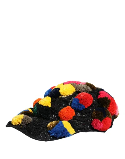 Dolce & Gabbana Multicolor Pom Poms Sequin Embellishment Hat In Black