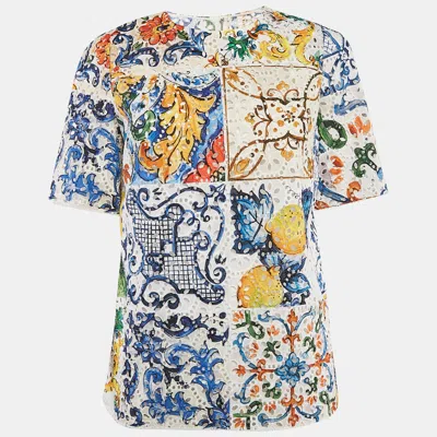 Pre-owned Dolce & Gabbana Multicolor Printed Anglaise Broderie Round Neck Top M