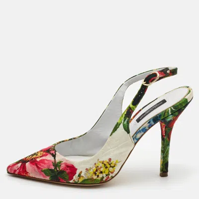 Pre-owned Dolce & Gabbana Multicolor Printed Brocade Fabric Slingback Pumps Size 37 In White