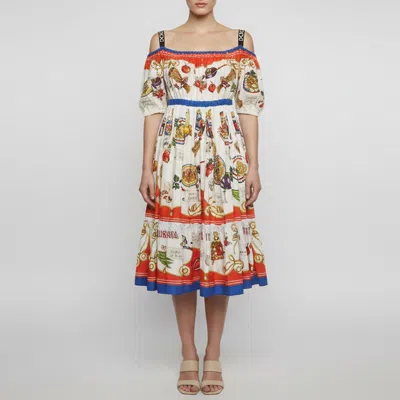 Pre-owned Dolce & Gabbana Multicolor Printed Cotton Off Shoulder Midi Dress Xs