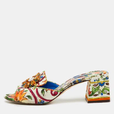 Pre-owned Dolce & Gabbana Multicolor Printed Fabric Crystal Embellished Slide Sandals Size 41