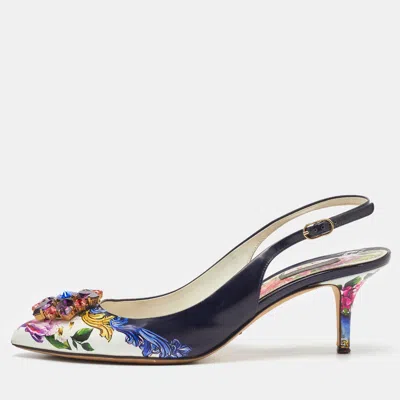 Pre-owned Dolce & Gabbana Multicolor Printed Leather Crystal Embellished Slingback Pumps Size 40
