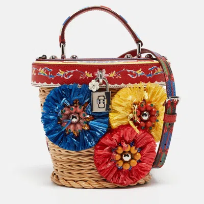 Pre-owned Dolce & Gabbana Multicolor Printed Leather Wicker And Raffia Embellished Top Handle Bag