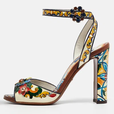Pre-owned Dolce & Gabbana Multicolor Printed Patent Leather Embellished Ankle Wrap Sandals Size 38
