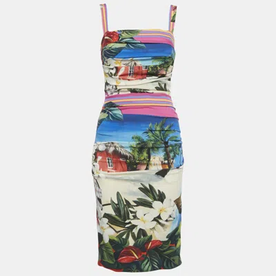 Pre-owned Dolce & Gabbana Multicolor Printed Silk Ruched Midi Dress S