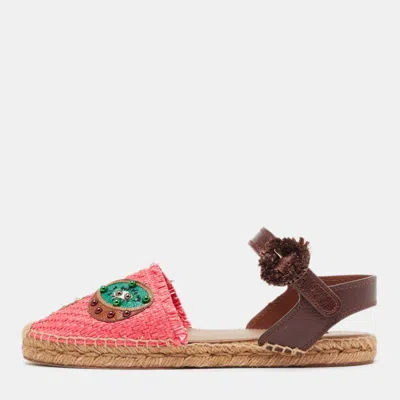Pre-owned Dolce & Gabbana Multicolor Raffia And Leather Pineapple Kiwi Patch Espadrille Sandals Size 40 In Pink