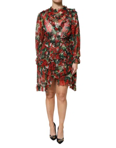Dolce & Gabbana Multicolor Ruffle Floral Long Sleeves Dress In Red