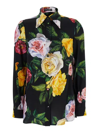 DOLCE & GABBANA MULTICOLOR SHIRT WITH OVERSIZE POINTED COLLAR AND ALL-OVER FLORAL MOTIF