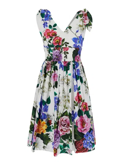 DOLCE & GABBANA MULTICOLOR SHORT DRESS WITH ALL-OVER FLORAL PRINT IN COTTON WOMAN