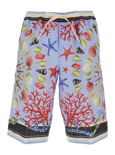 Dolce & Gabbana Multicolor Shorts With Elastic Drawstring And All-over Print In Linen Man In Blue