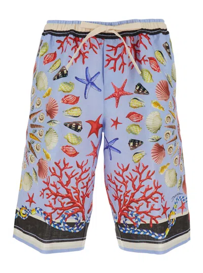 DOLCE & GABBANA MULTICOLOR SHORTS WITH ELASTIC DRAWSTRING AND ALL-OVER PRINT IN LINEN MAN