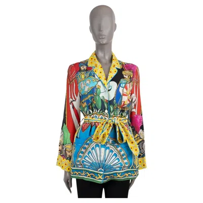 Pre-owned Dolce & Gabbana Multicolor Silk 2021 Carretto Belted Pajama Blouse Shirt 40 S In Brown