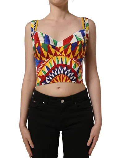 Pre-owned Dolce & Gabbana Multicolor Silk Carretto Print Cropped Tank Women's Top ()