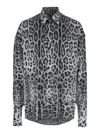 Dolce & Gabbana Grey Shirt With Leopard Print All-over And Logo Lettering In Silk Man In Grey
