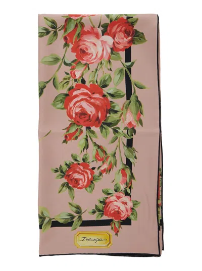 Dolce & Gabbana Multicolor Silk Square Scarf With All-over Floral Motif And Logo On The Front Woman In Pink