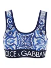 Dolce & Gabbana Multicolor Sleeveless Top With Logo Lettering On The Front And All-over Maiolica Motif In Tech Fabri In Blue