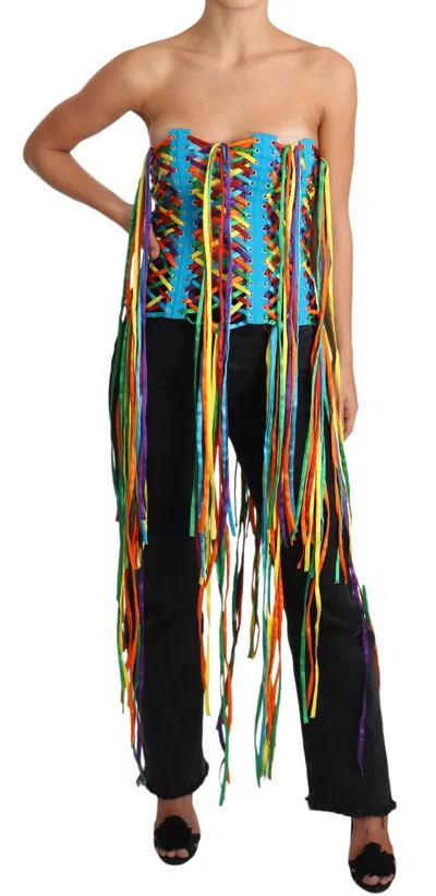 Dolce & Gabbana Rainbow Lace-up Fringe Corset Top In Multi