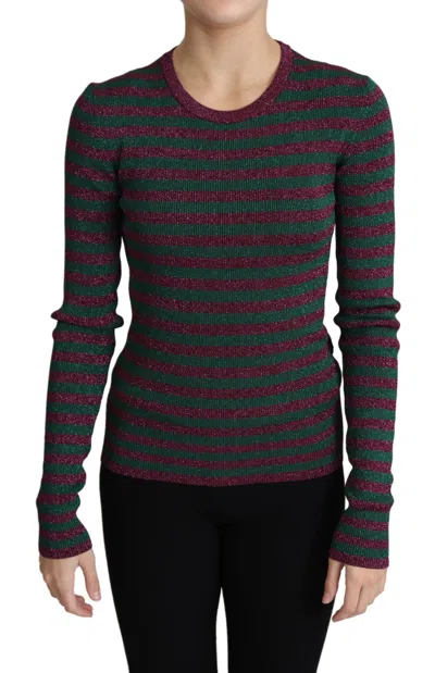 Dolce & Gabbana Multicolor Stripes Crew Neck Pullover Women's Sweater In Gray
