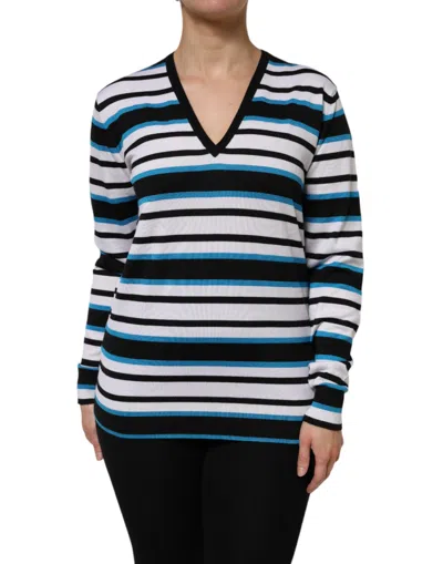 Dolce & Gabbana Striped Cashmere Silk V-neck Sweater In Blue