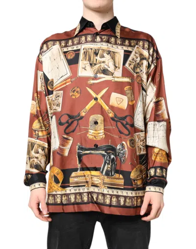 Dolce & Gabbana Multicolor Tailor Print Silk Casual Shirt In Brown