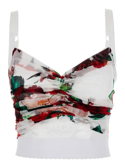 Dolce & Gabbana Bustier Top In Marquisette And Chiffon With Rose Print In White