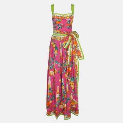 Pre-owned Dolce & Gabbana Multicolor Tropical Fruit Print Cotton Belted Maxi Dress M