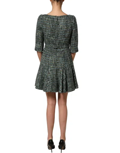 Dolce & Gabbana Multicolor Tweed Belted Babydoll Mini Dress In Green