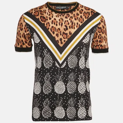 Pre-owned Dolce & Gabbana Multicolor/brown Printed Cotton Crew Neck T-shirt M