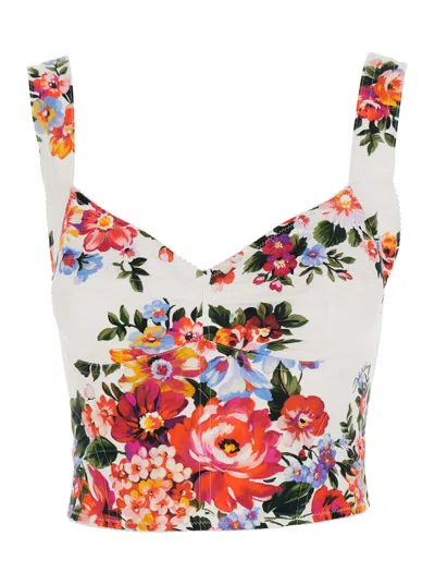Dolce & Gabbana Multicolore Bustier Top With V-neck And All-over Floral Print In Cotton Woman