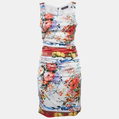 Pre-owned Dolce & Gabbana Multicolour Floral Print Satin Ruched Mini Dress M