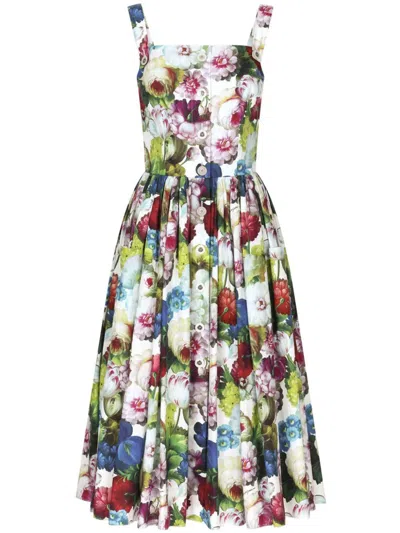 Dolce & Gabbana Multicoloured Floral Print Cotton Midi Dress In Tan