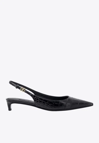 Dolce & Gabbana Mun 30 Croc-embossed Leather Slingback Pumps In Black