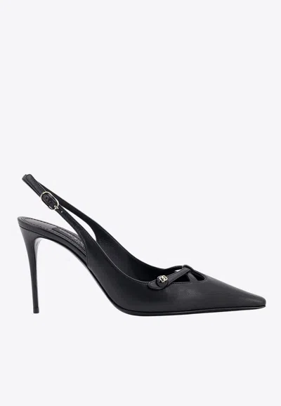 Dolce & Gabbana Leather Slingback With Metal Monogram In Black