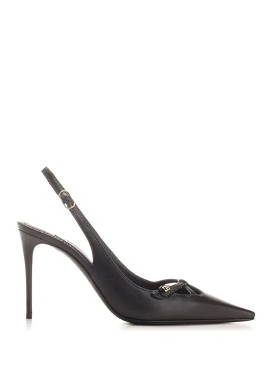 Dolce & Gabbana Leather Slingback With Metal Monogram In Black