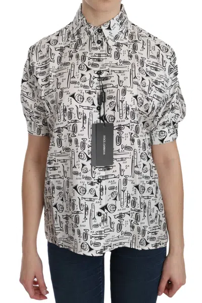 Dolce & Gabbana Musical Instrument Print Silk Collared Women's Top In White