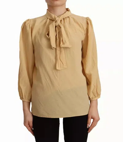 Pre-owned Dolce & Gabbana Mustard Ascot Collar Shirt Silk Blouse Women's Top () In Yellow