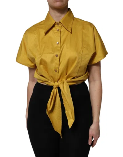 Dolce & Gabbana Mustard Collared Short Sleeves Blouse Top In Gold