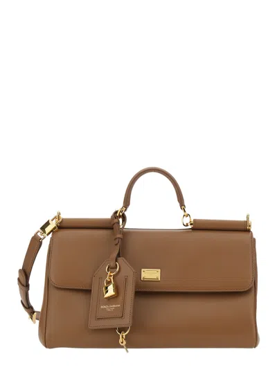 Dolce & Gabbana My Sicily Brown Medium Handbag With Padlock Detail And Adjustable And Removable Shoulder Strap In Le