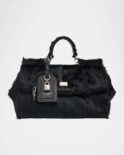 Dolce & Gabbana My Sicily Goat Fur Shoulder Bag In Black