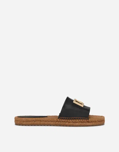 DOLCE & GABBANA NAPPA LEATHER ESPADRILLE SLIDERS WITH DG LOGO
