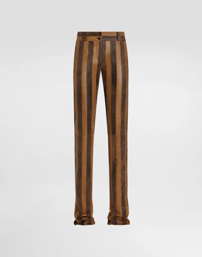 Dolce & Gabbana Nappa Leather Trousers With Striped Print In Brown