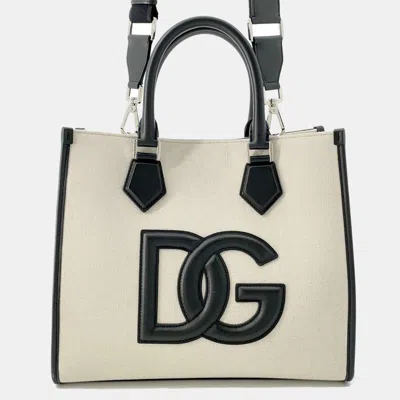 Pre-owned Dolce & Gabbana Natural/black Canvas Leather Logo 2way Tote Bag In Sand