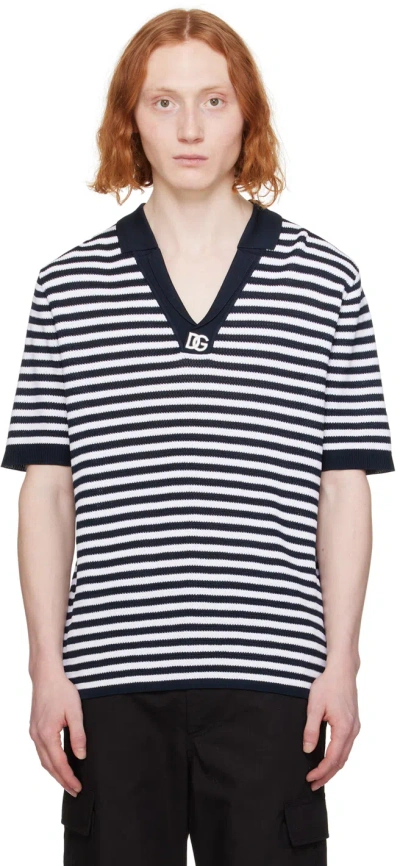 Dolce & Gabbana Navy & White Striped Polo In Blu/bianco