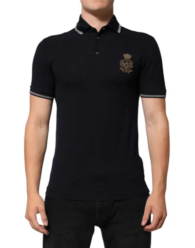 Dolce & Gabbana Navy Blue Cotton Crown Crest Logo Men T-shirt In Black