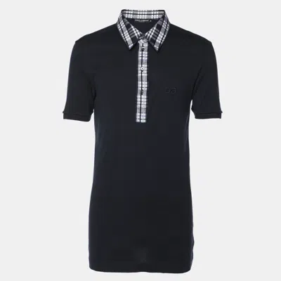 Pre-owned Dolce & Gabbana Navy Blue Cotton Plaid Trim Detail Polo T-shirt Xxl
