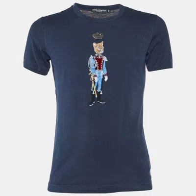 Pre-owned Dolce & Gabbana Navy Blue Cotton Royal Pet Patch Detail T-shirt Xs