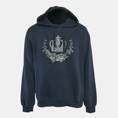 Pre-owned Dolce & Gabbana Navy Blue Crown Embroidered Cotton Knit Hoodie Xxl