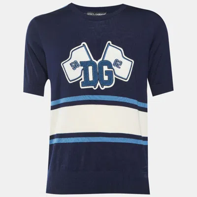 Pre-owned Dolce & Gabbana Navy Blue Dg Logo Striped Wool Varsity Sweater M